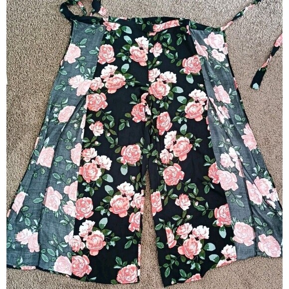 New Look Front Tie Pants Womens Sz Small Black Floral Open Wide Leg Lightweight - Picture 4 of 5